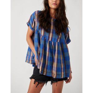 FREE PEOPLE Moon City Plaid Top / Blue Combo